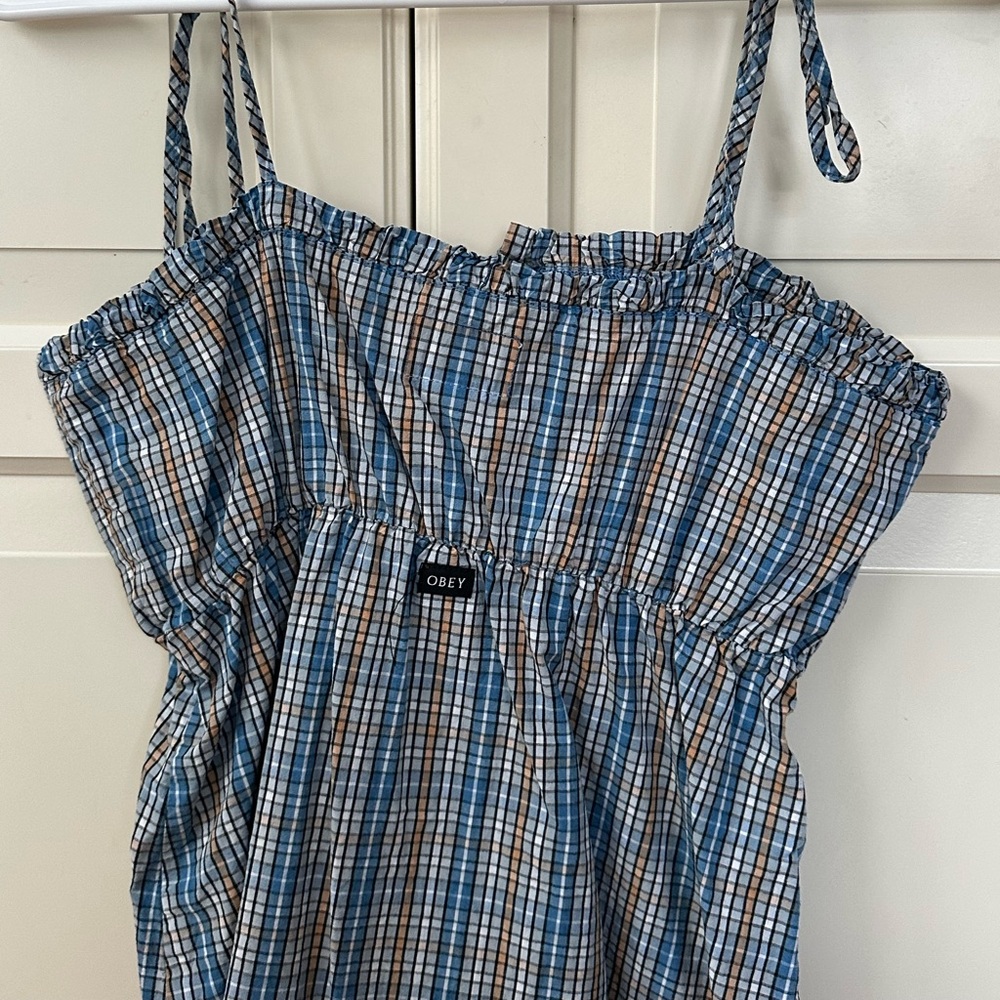 Obey Mini Blue and Brown Plaid Dress